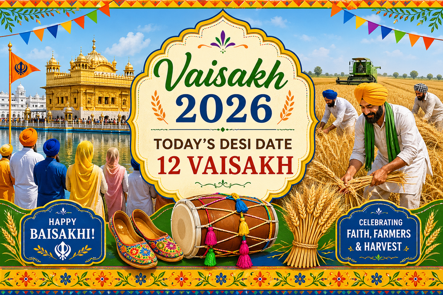 Vaisakh 2026 today’s Desi date: 12 Vaisakh, 25 April 2026 – Baisakhi greetings in Punjabi with new year wishes.