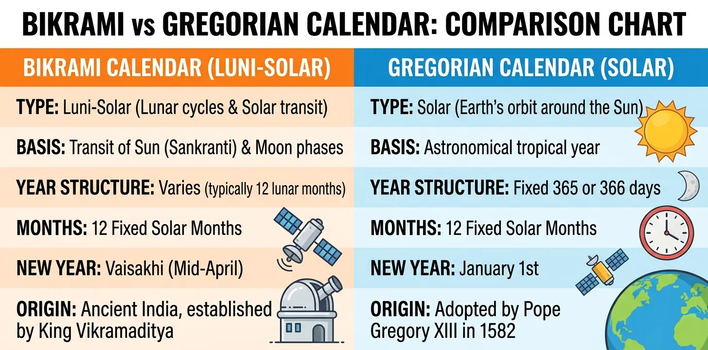 Bikrami Calendar vs Gregorian Calendar comparison