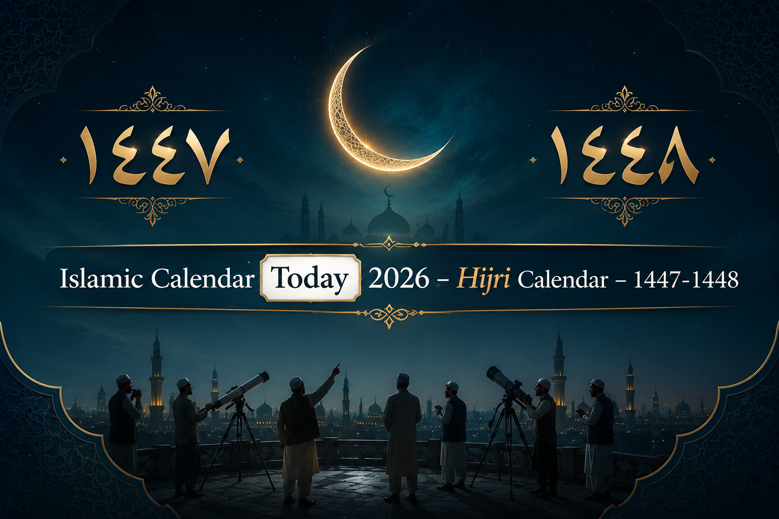 Islamic Hijri Calendar 2026 (1447–1448) cover design with glowing crescent moon on dark blue night sky, golden Arabic calligraphy of years 1447 and 1448 on both sides, highlighted "Today" label, and silhouette of Rut-e-Hilal committee observing moon with telescopes at the bottom.
