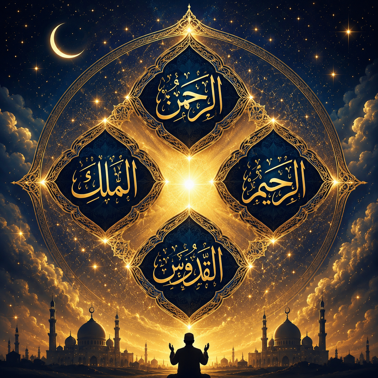 Islamic wall art featuring golden Arabic calligraphy of Asma Ul Husna names Ar-Rahman, Ar-Rahim, Al-Malik, and Al-Quddus on a glowing blue and gold spiritual background with mosque silhouette and praying person.