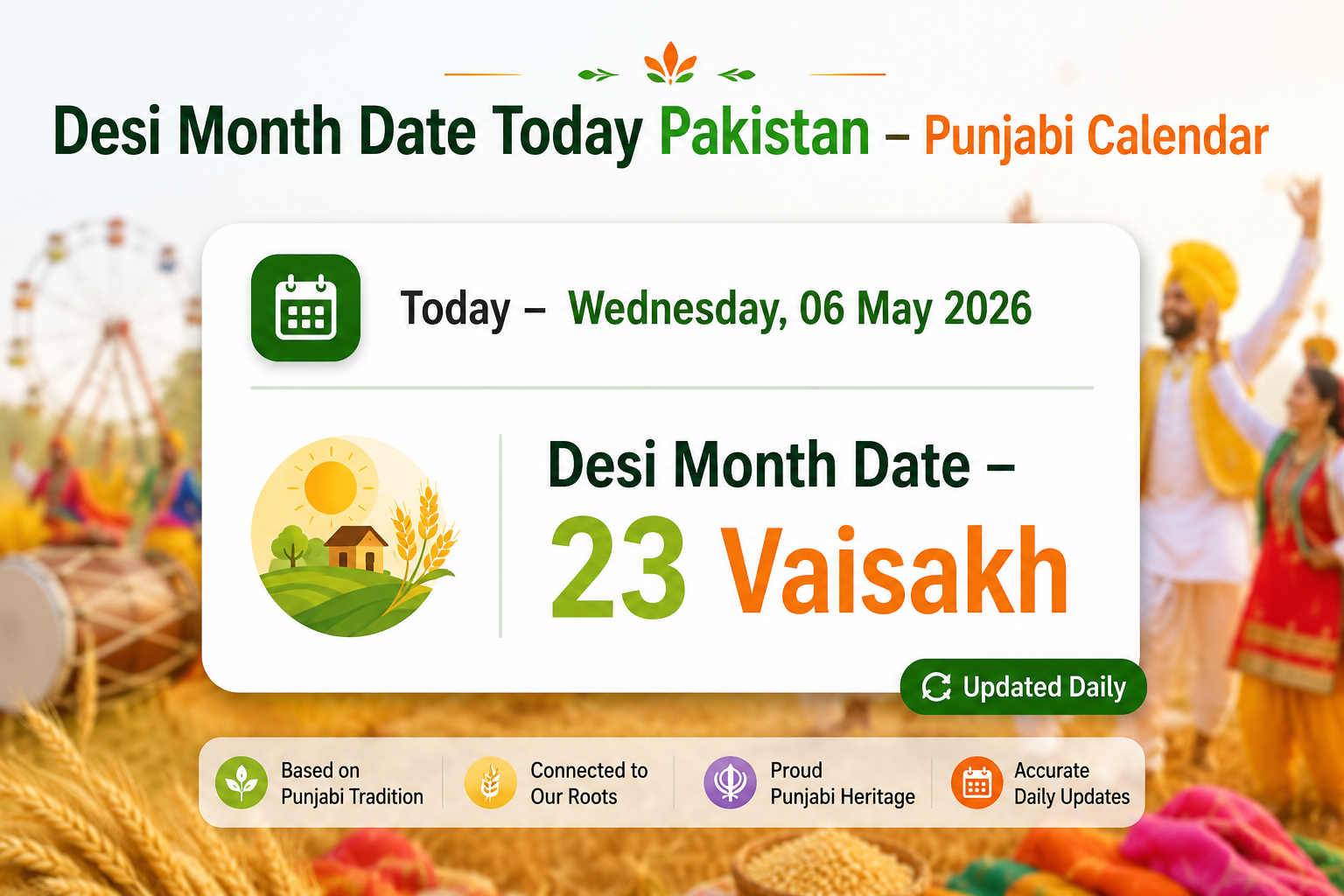 Modern Punjabi calendar widget design showing "Today – Wednesday, 06 May 2026" and "Desi Month Date – 23 Vaisakh" on a clean white card, with green and orange text, blurred Baisakhi festival background, and "Updated Daily" note in the corner.