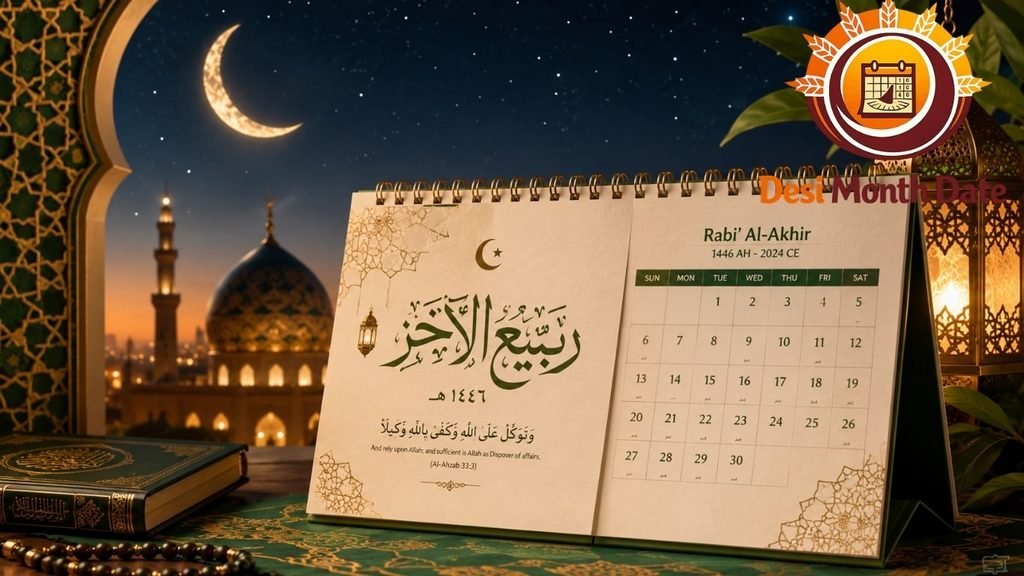 A beautifully designed Islamic calendar concept featuring an open Hijri and Gregorian calendar with elegant Arabic calligraphy, a glowing crescent moon, stars, green and gold Islamic geometric patterns, a mosque silhouette with dome and minaret, warm lantern lighting, and a peaceful spiritual night atmosphere..
