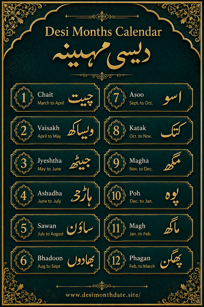 A premium Desi Months Calendar poster designed in a luxurious heritage style. The poster features a deep royal blue and emerald-green textured background with subtle Mughal-inspired floral and geometric patterns. A decorative gold border with ornate corner motifs frames the entire design.
At the top, the title “Desi Months Calendar” appears in elegant gold lettering, followed by the Urdu title “دیسی مہینہ” in large, sophisticated calligraphy. Below, twelve traditional Desi months are arranged in a clean two-column layout. Each month is displayed inside an ornate gold-framed card with a numbered emblem, the English transliteration, the Urdu month name in large Nastaliq-style script, and its corresponding Gregorian date range.
The left column lists: Chait (چیت), Vaisakh (ویساکھ), Jyeshtha (جیٹھ), Ashadha (ہاڑھ), Sawan (ساون), and Bhadoon (بھادوں). The right column lists: Asoo (اسو), Katak (کٹک), Magha (مگھ), Poh (پوہ), Magh (ماگھ), and Phagan (پھگن). Gold accents, elegant typography, and refined spacing create a high-end editorial appearance suitable for framing or publication.
At the bottom, a decorative divider line separates the content from the website address “www.desimonthdate.site/” displayed in a small gold font. The overall design conveys tradition, cultural heritage, sophistication, and timeless elegance with rich textures and cinematic lighting.