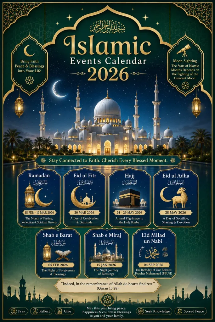 A high-quality Islamic Events Calendar 2026 poster featuring a majestic illuminated mosque beneath a star-filled night sky with a glowing crescent moon. The design uses rich dark green, royal blue, gold, and white colors with elegant Islamic geometric patterns and decorative borders. The title “Islamic Events Calendar 2026” appears prominently at the top in a calligraphy-inspired style. The poster highlights major Islamic occasions including Ramadan, Eid ul Fitr, Hajj, Eid ul Adha, Shab e Barat, Shab e Miraj, and Eid Milad un Nabi, each displayed in ornate panels with symbolic illustrations such as lanterns, crescents, the Kaaba, and Islamic architecture. Gold hanging lanterns, moon-sighting elements, Arabic calligraphy, and inspirational Islamic messages enhance the spiritual atmosphere. The overall design conveys faith, peace, and celebration in a professional Islamic art style.