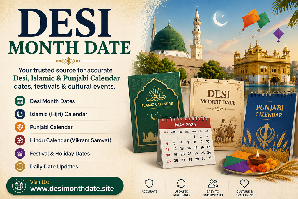 Desi Month Date – Accurate Desi, Islamic (Hijri), Punjabi, and Hindu calendar with festival dates, daily date updates, and cultural events. Features Islamic Calendar, Punjabi Calendar, and holiday information.